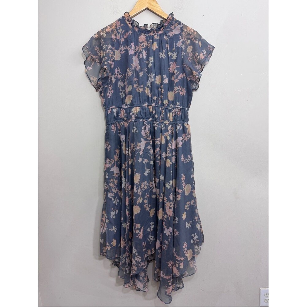 French Diana Crinkle Flowing Dress Floral Midi Gray size 10 Fairy Romantic Event